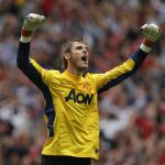 El portero español del Manchester United, David de Gea, durante la final de la Copa Community Shield contra el Manchester City jugada en Londres, el 7 de agosto del 2011