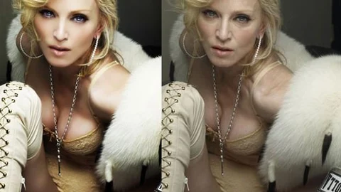 Madonna. Gracias al Photoshop, la cantante luce sin patas de gallo, con una piel tersa, luminosa, sin rastro del paso del tiempo. Han retocado hasta sus ojos, redondeados originalmente a más rasgados.