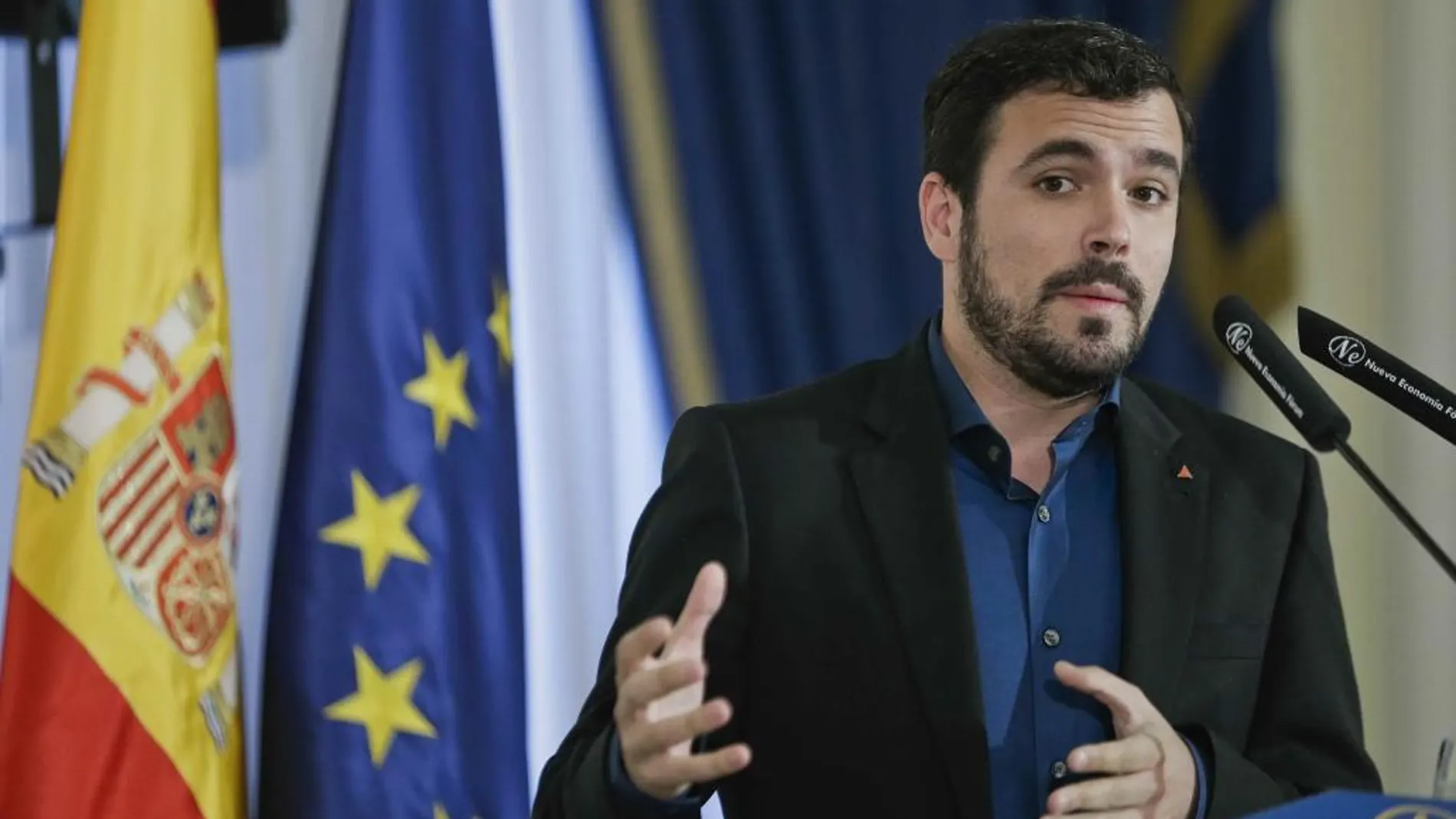El candidato de IU a la Presidencia del Gobierno, Alberto Garzón, participó en un desayuno informativo que organiza en Madrid Nueva Economía Fórum. EFE/Emilio Naranjo
