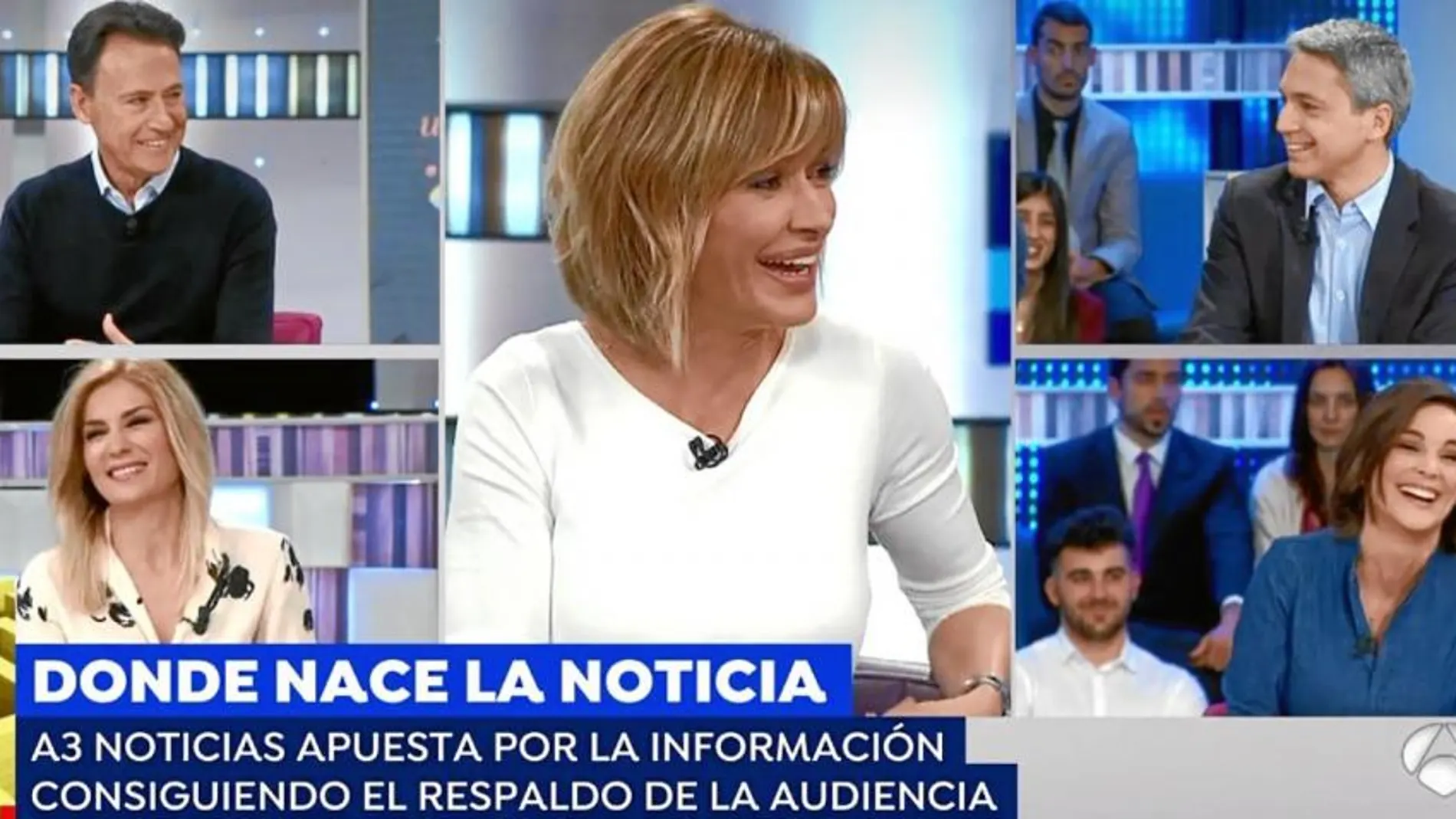 Matías Prats, Sandra Golpe, Vicenté Vallés y Mónica Carrillo fueron ayer a «Espejo público», presentado por Susanna Griso, para hablar de esta campaña