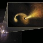 La galaxia Arp 299-B y una recreación artísticadela erupción producida por un agujero negro al desgarrar una estrella./ESA/NASA/Sophia Dagnello, NRAO/AUI/NSF
