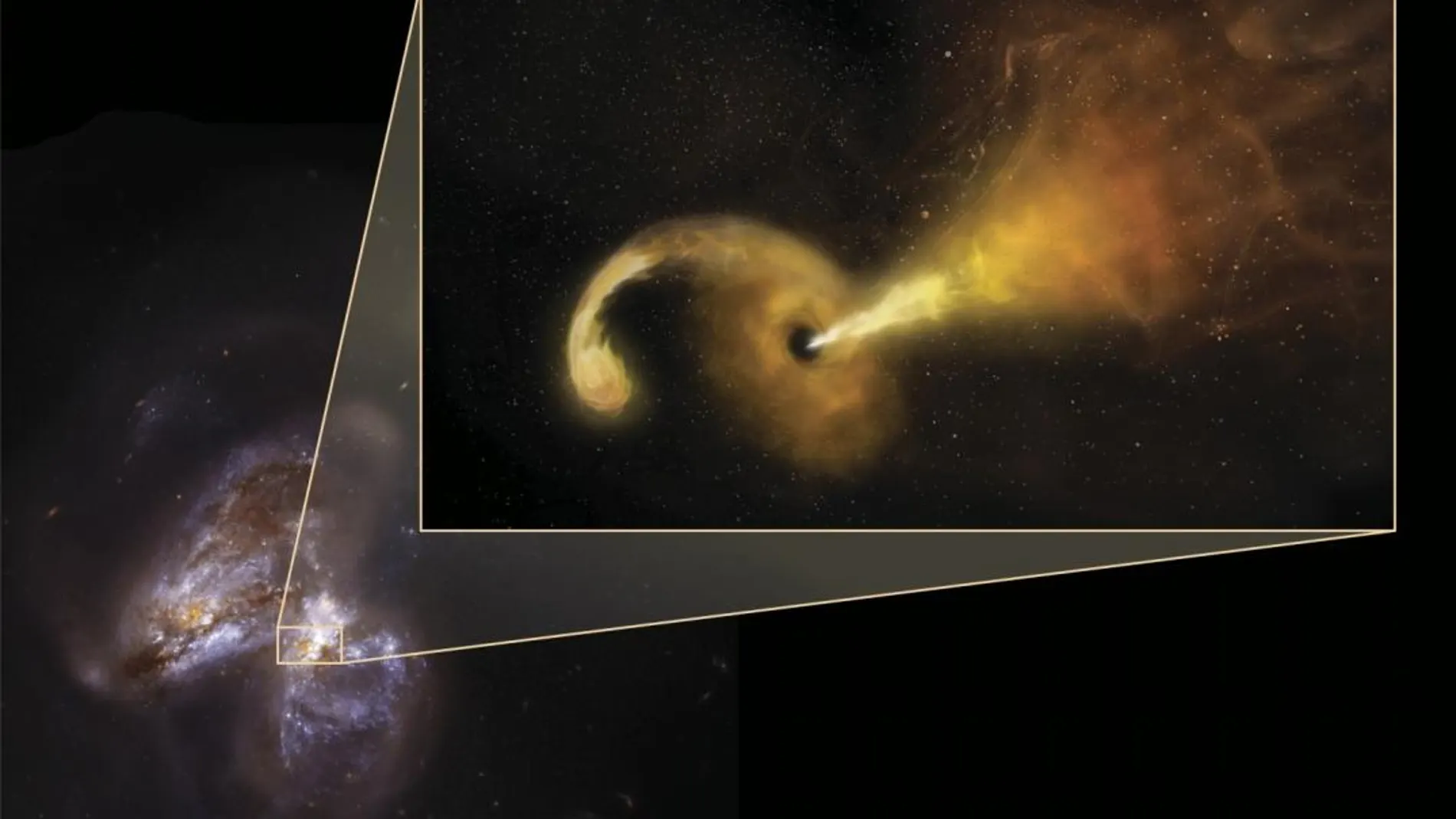 La galaxia Arp 299-B y una recreación artísticadela erupción producida por un agujero negro al desgarrar una estrella./ESA/NASA/Sophia Dagnello, NRAO/AUI/NSF