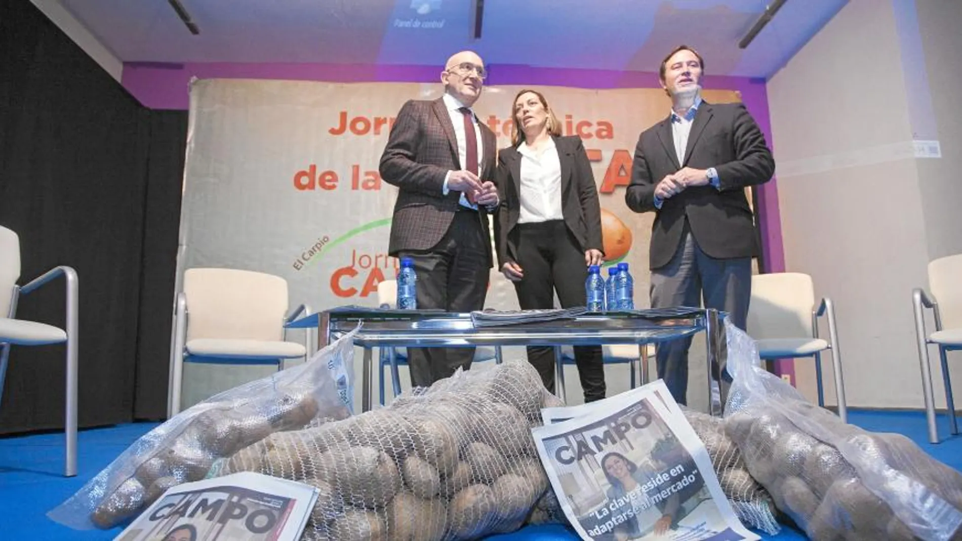 La consejera de Agricultura, Milagros Marcos, junto al presidente de la Diputación de Valladolid, Jesús Julio Carnero, y el alcalde de Carpio, Máximo Gómez, durante unas jornadas sobre la patata celebradas en la localidad vallisoletana