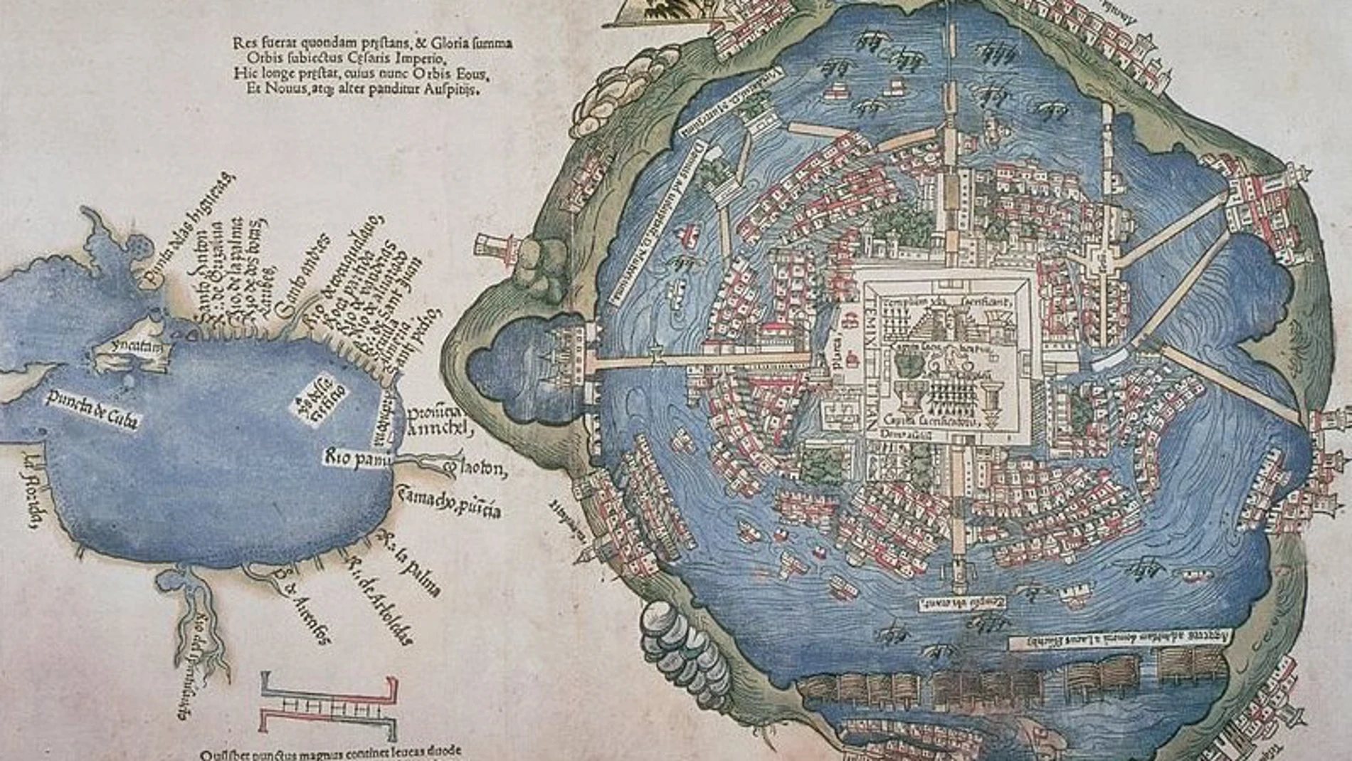 Mapa de Tenochtitlan, impreso en 1524 en Núremberg.