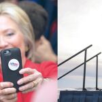 Todos en Iowa. Clinton se hace un «selfie» con una seguidora en un instituto. A la izquierda, Trump habla a sus seguidores en el aeropuerto