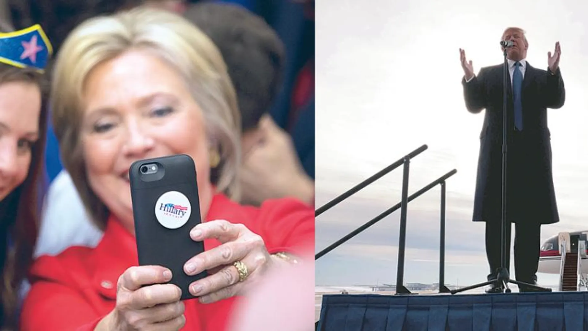 Todos en Iowa. Clinton se hace un «selfie» con una seguidora en un instituto. A la izquierda, Trump habla a sus seguidores en el aeropuerto
