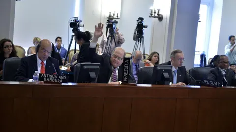 El representante permanente de Venezuela ante la OEA, Bernardo Álvarez Herrera (c), levantando la mano durante una reunión del Consejo Permanente
