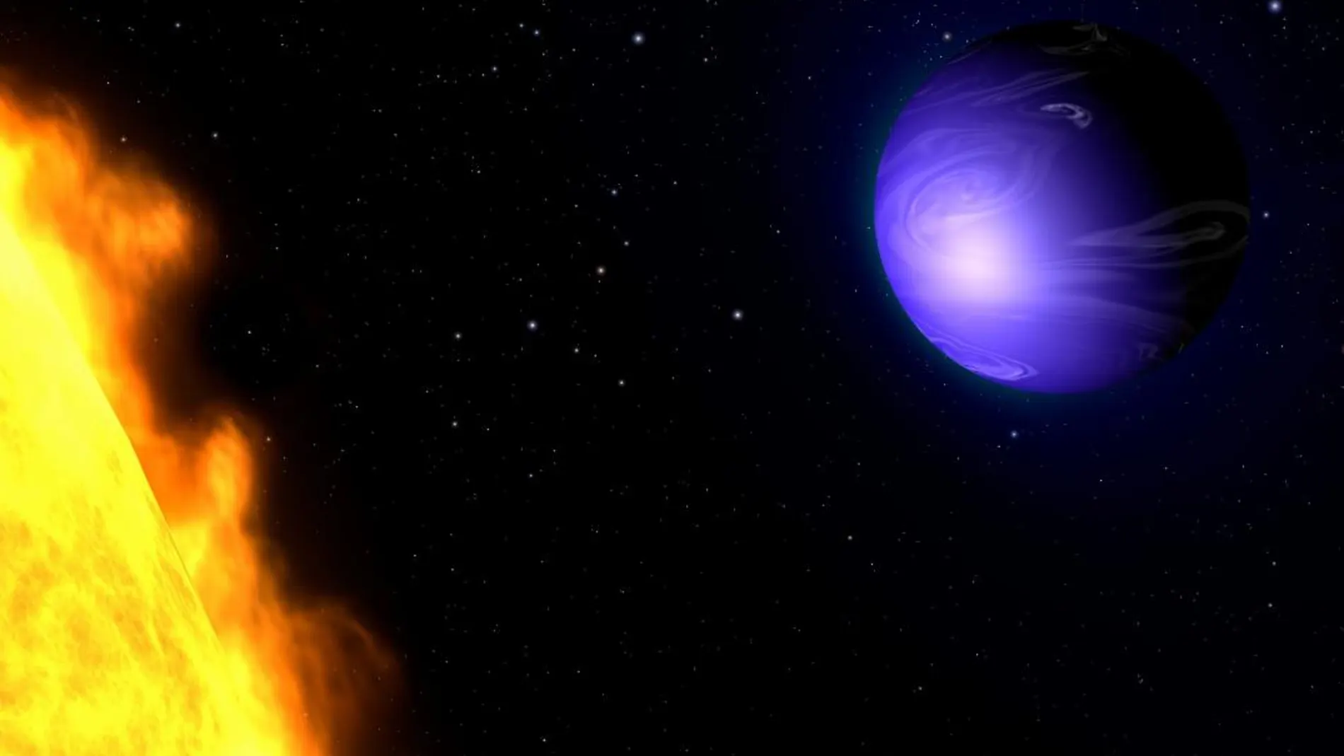 Imagen facilitada por la NASA que muestra una representación artística del planeta extrasolar 189733b mientras orbita alrededor de su estrella enana naranja HD 189733A