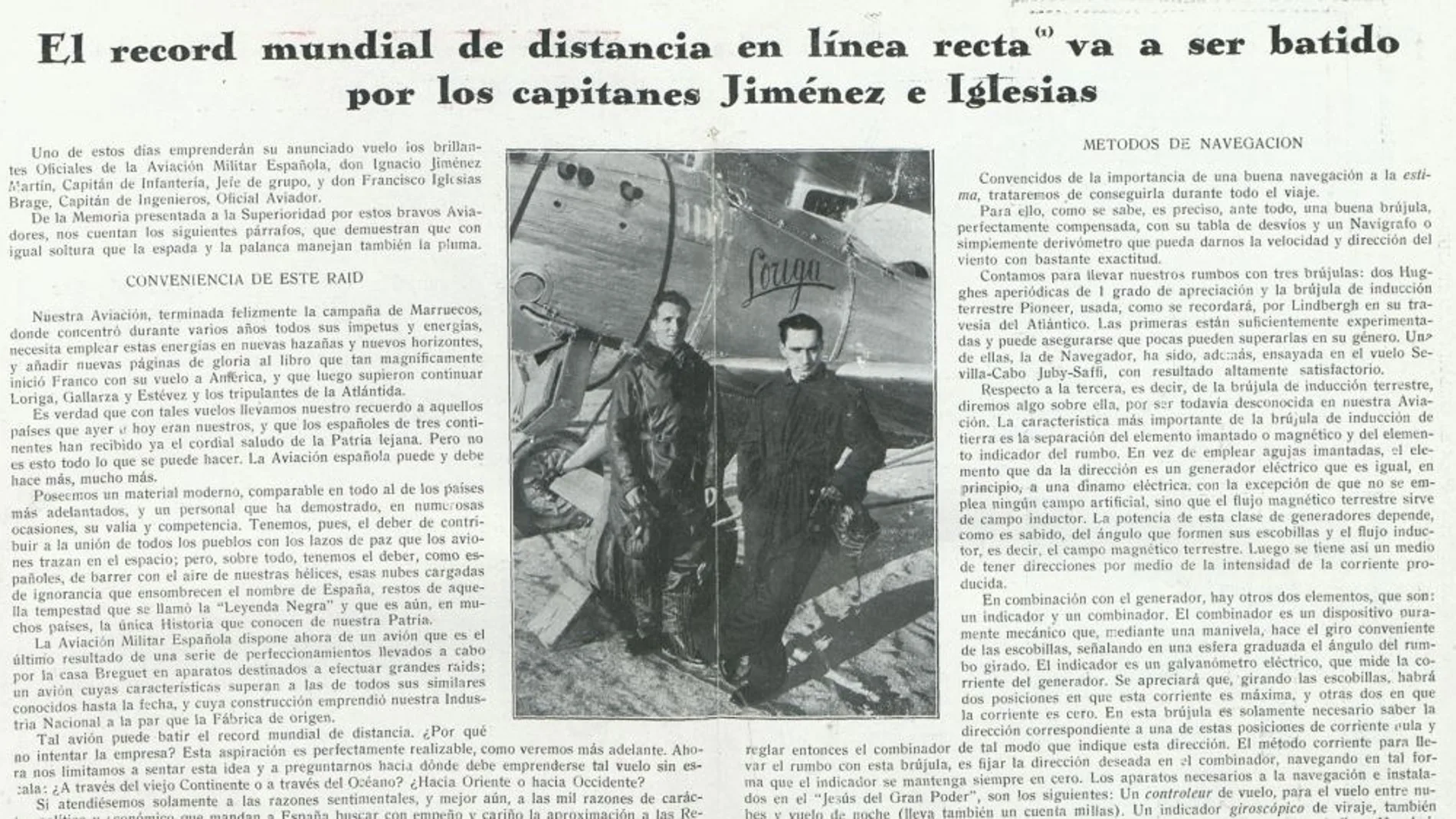 Reportaje de la revista Motoavión en abril de 1928 sobre el record batido por el capitán Iglesias de vuelo directo sin escalas entre España y América.