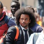 El defensa brasileño del Real Madrid Marcelo Vieira a su llegada al hotel de concentración del equipo en Milán