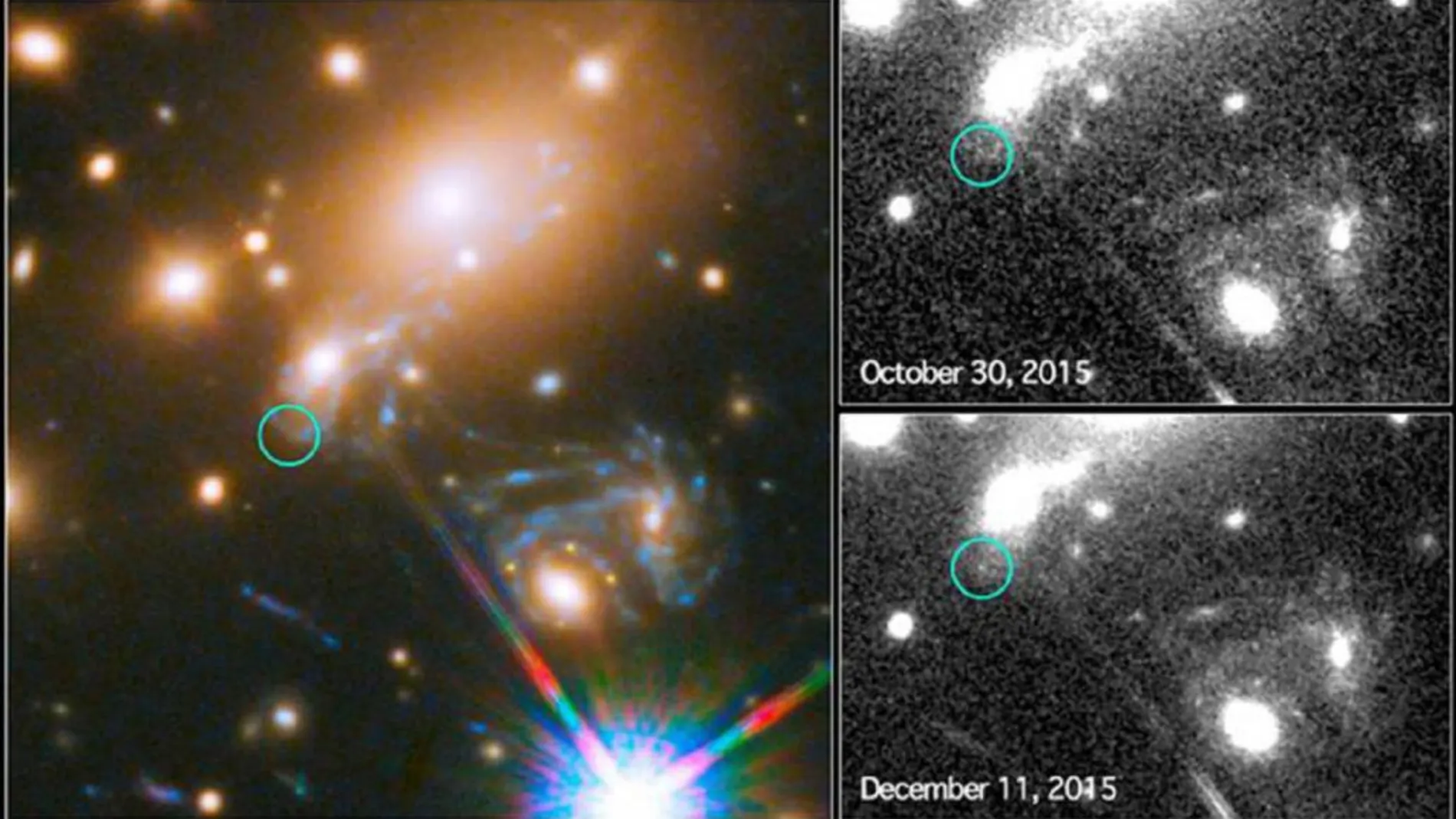 Imagen de la explosión de la supernova, que reapareció el 11 de diciembre (imagen inferior derecha)