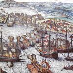 El «Botafogo» (a la izquierda en primer plano) abre fuego contra la fortaleza de La Goleta (1535)