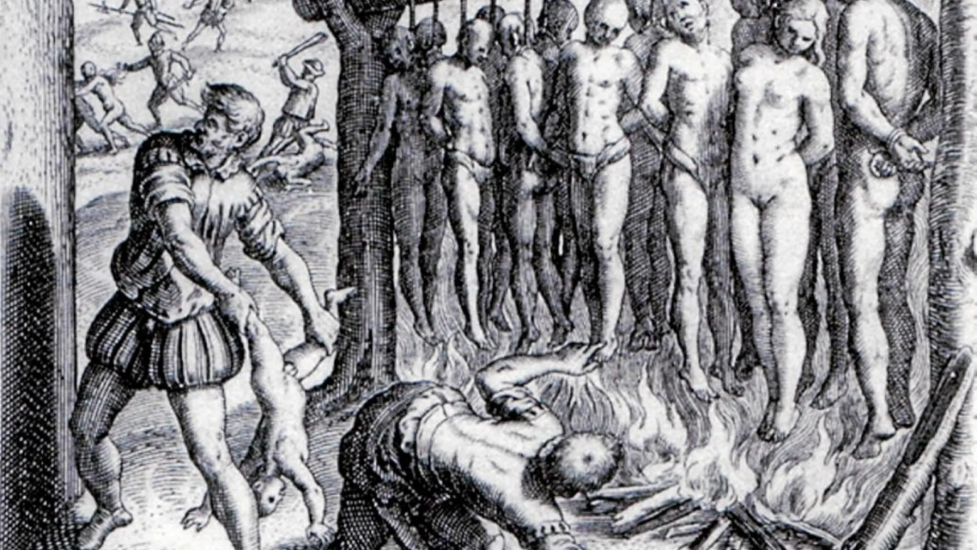 El flamenco Theodor de Bry (1528-1598) realizó varios grabados como éste para ilustrar la supuesta historia de la destrucción de las Indias