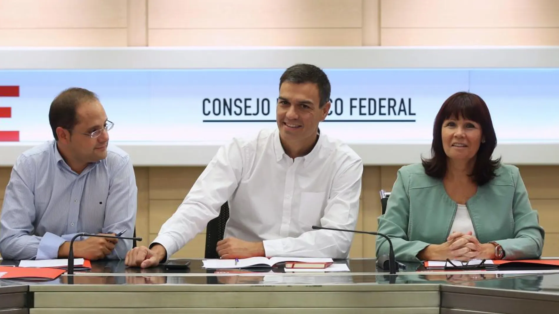 El secretario general del PSOE, Pedro Sánchez (c); la presidenta, Micaela Navarro, y el secretario de Organización del PSOE, César Luena, durante el Consejo de Político Federal del partido.