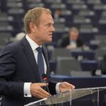 El presidente del Consejo Europeo, Donald Tusk, ofrece un discurso ante el Parlamento Europeo en Estrasburgo (Francia) hoy