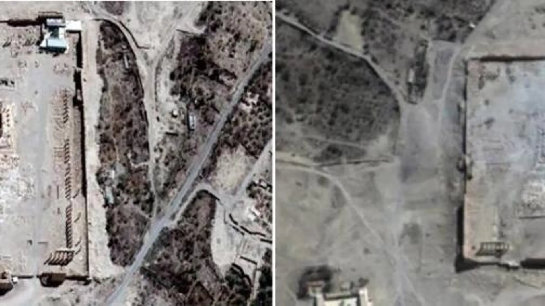 Imagen de satélite en la que se aprecia el antes y el después de las detonaciones en Palmira