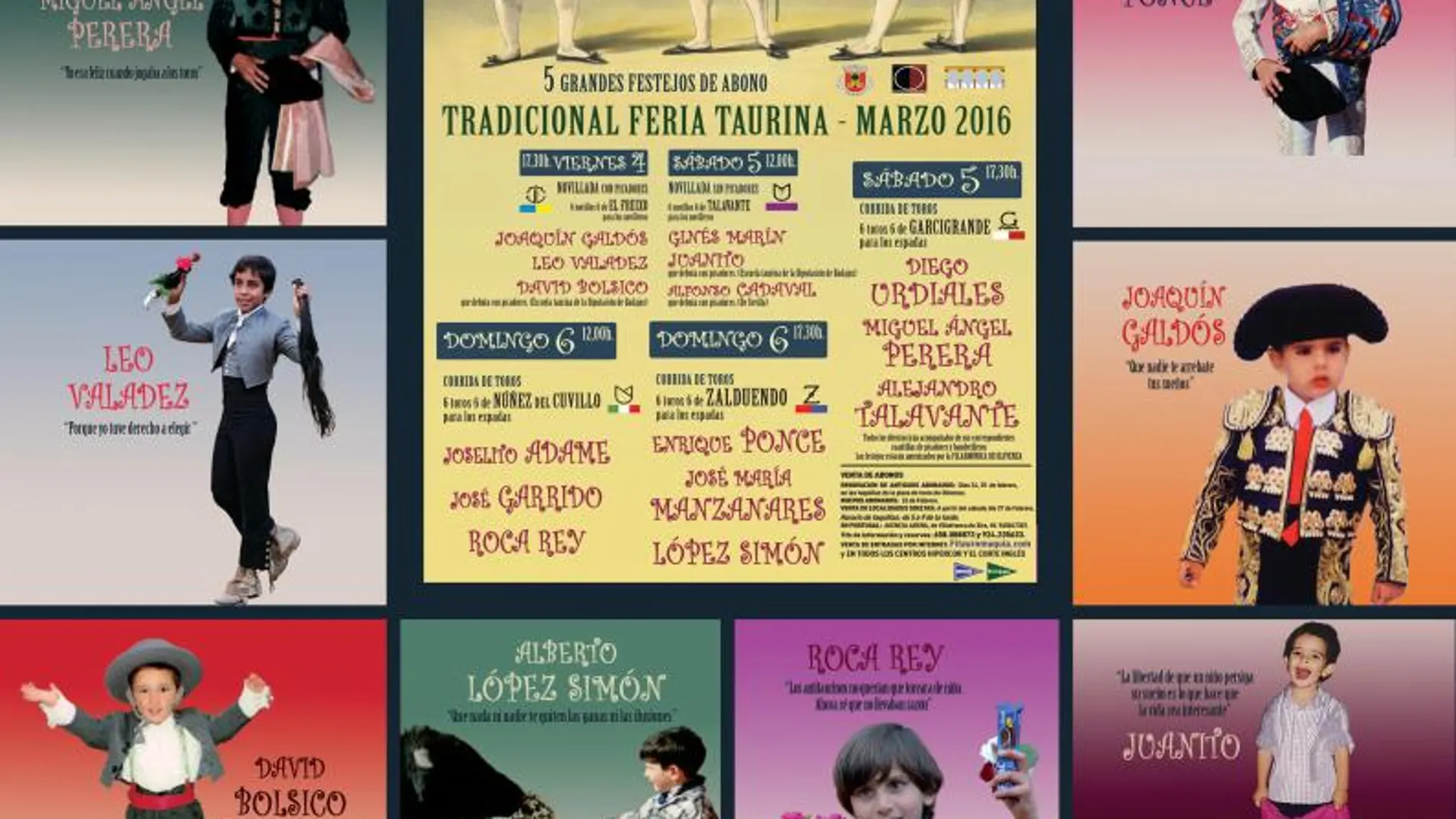 Cartel en el que aparecen los toreros actuantes en la feria jugando al toro cuando eran niños
