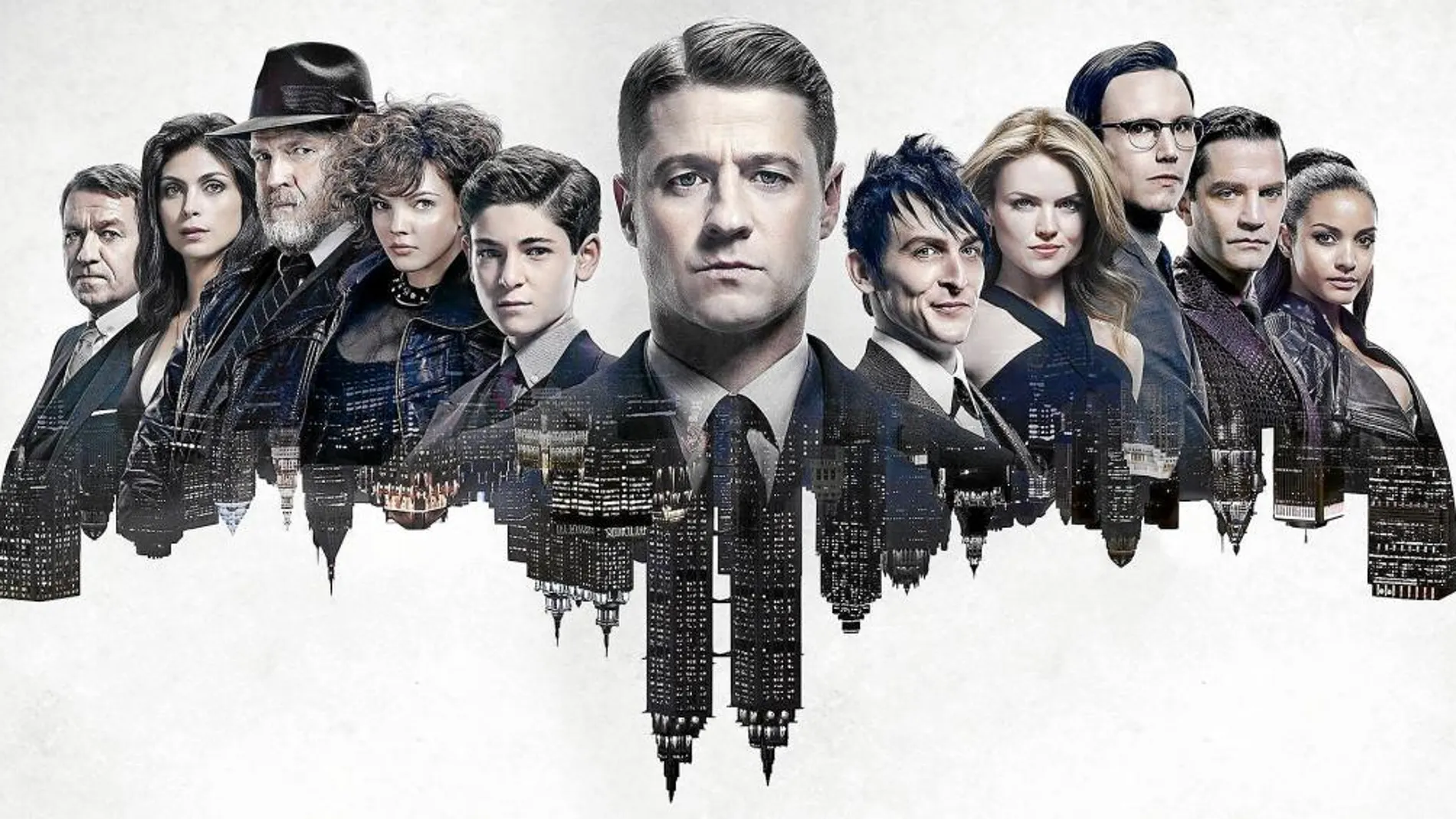 Los personajes de la serie sobre la ciudad, con el icono de Batman