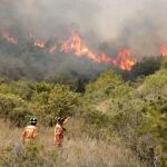 Dos bomberos observan las llamas cerca de la localidad de Sumacarcer (Valencia).