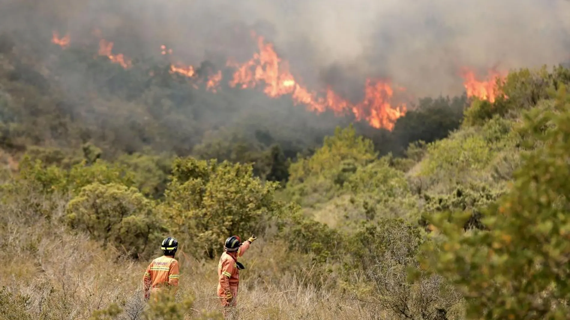 Dos bomberos observan las llamas cerca de la localidad de Sumacarcer (Valencia).