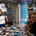 Julia Paloma Hergueta, líder de la plataforma «Huelva por una sanidad digna», dando a conocer el 15E en un mercado