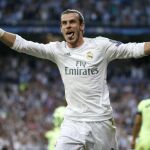 El delantero galés del Real Madrid Gareth Bale celebra su gol, primero del equipo blanco frente al Manchester City.