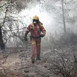 Un brigadista forestal trabaja en un incendio en la Comunidad