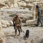 Varios zapadores del ejército ruso en busca de minas en el territorio de Palmira (Siria)