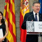El president de la Generalitat, Ximo Puig y la vicepresidenta, Mónica Oltra en la rueda de prensa de ayer