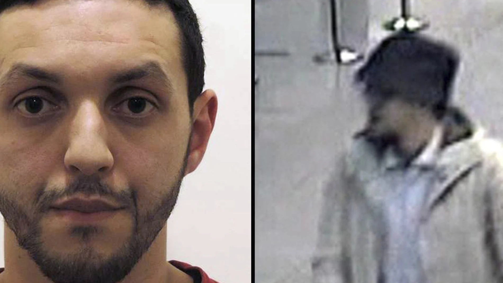 Mohamed Abrini en una imagen de la policía y en el vídeo de los atentados del aeropuerto de Bruselas