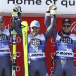 Podio Eslalon Gigante de St. Moritz, Alexis Pinturault a la izquierda, el vencedor en el centro Thomas Fanara y en tercer puesto a la derecha del todo Mathieu Faivre