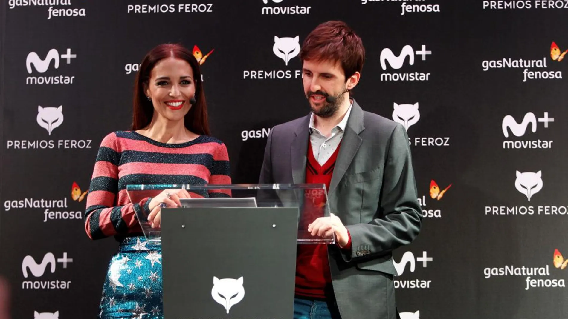 El actor Julián López y la actriz Paula Echevarría anuncian las películas y series que concurrirán a la quinta edición de los Premios Feroz que otorgan los periodistas cinematográficos, esta mañana en Madrid