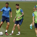 Los jugadores del Real Madrid Cristiano Ronaldo, Sergio Ramos, Toni Kroos y Dani Carvajal durante el entrenamiento