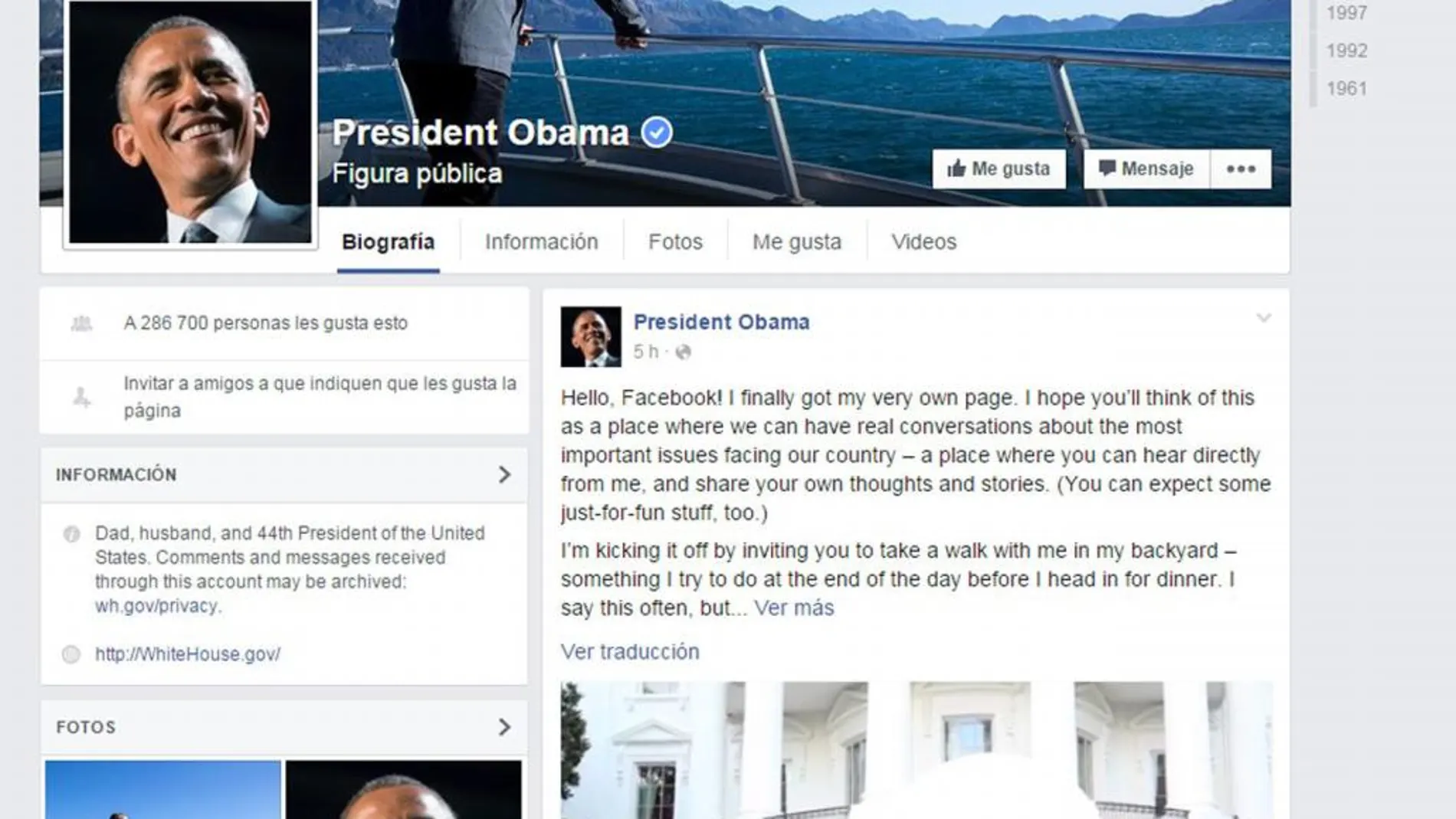 Captura de pantalla de la nueva página personal del presidente, Barack Obama