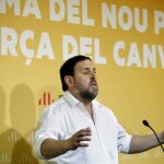 El presidente de Esquerra Republicana de Cataluña, Oriol Junqueras, durante su discurso en el primer Consejo Nacional de ERC tras las elecciones del 27S.