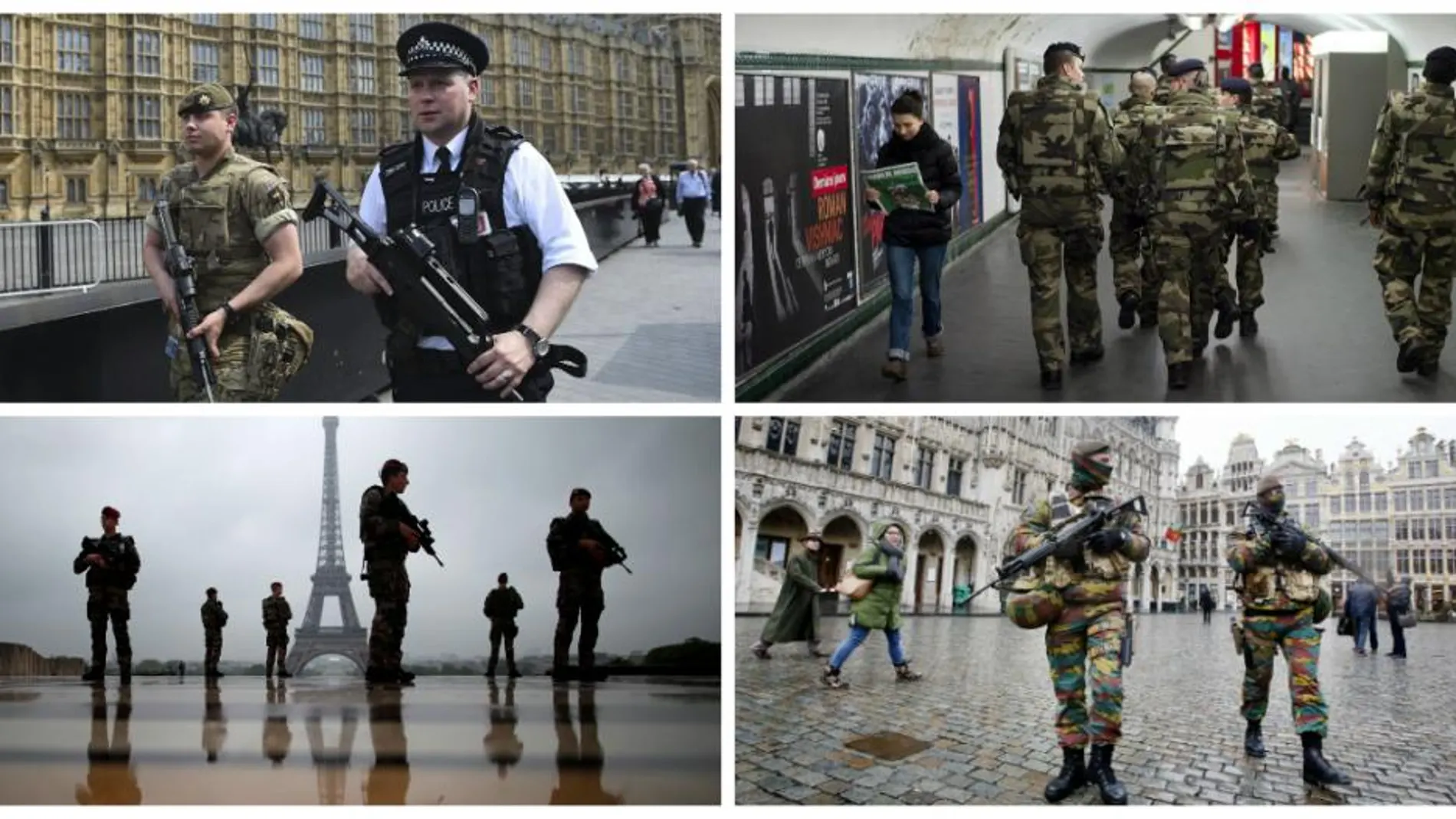Soldados patrullando por las calles de Londres, París o Bruselas.