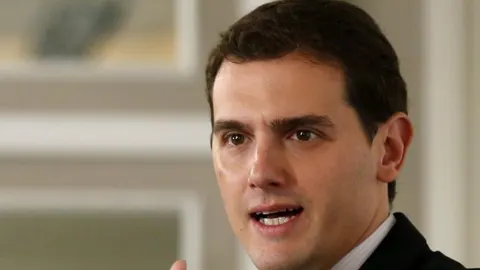 El presidente de Ciudadanos, Albert Rivera, durante su intervención en un desayuno informativo hoy en Madrid.