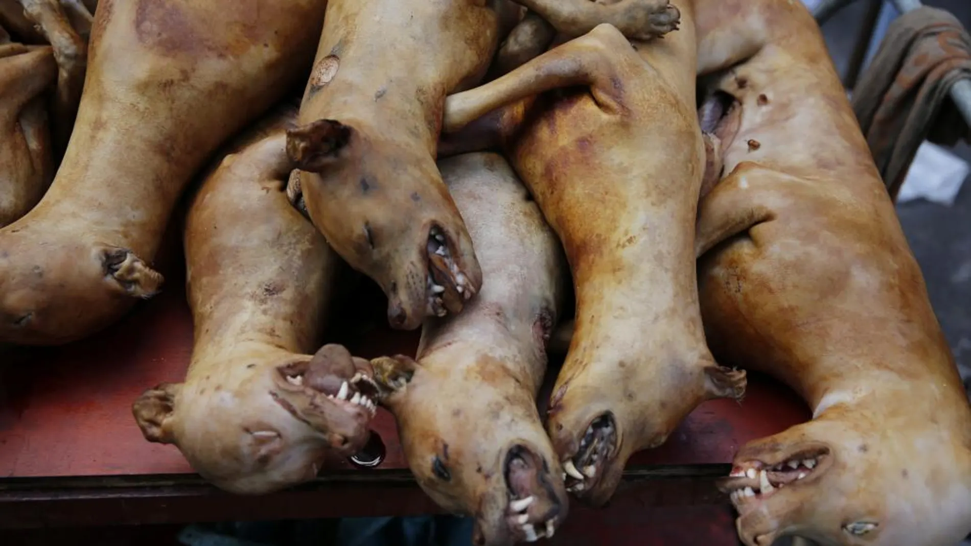 Un comerciante vende carne de perro en un mercado de la ciudad de Yulin