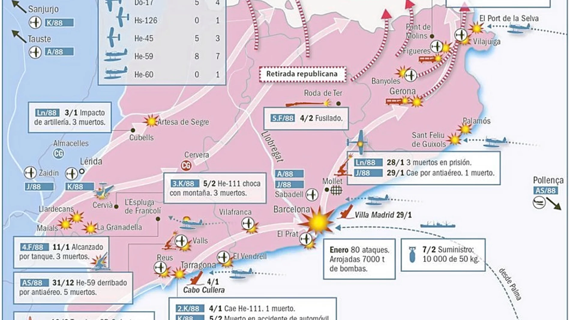 Mapa sobre el despliegue que tuvo la Legión Cóndor y las bélicas consecuencias de su paso