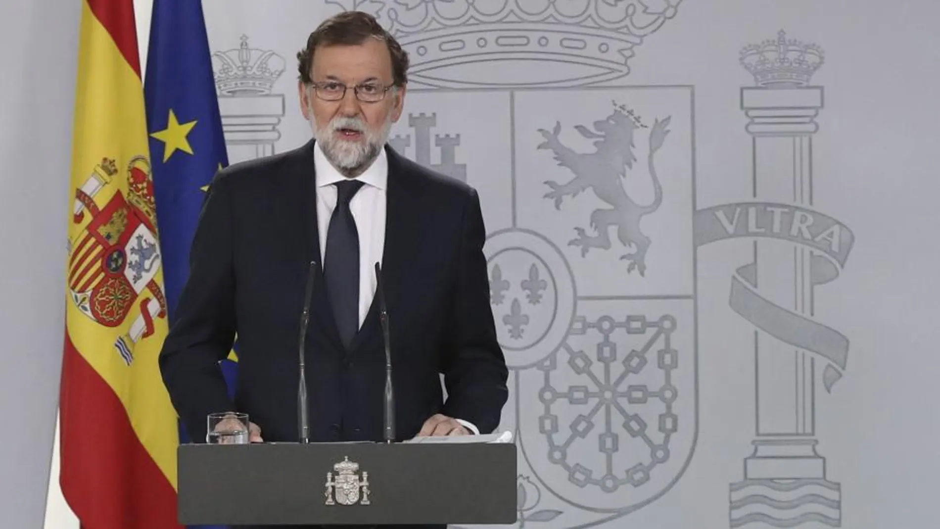 El presidente del Gobierno, Mariano Rajoy, durante su comparecencia esta tarde en el Palacio de La Moncloa.