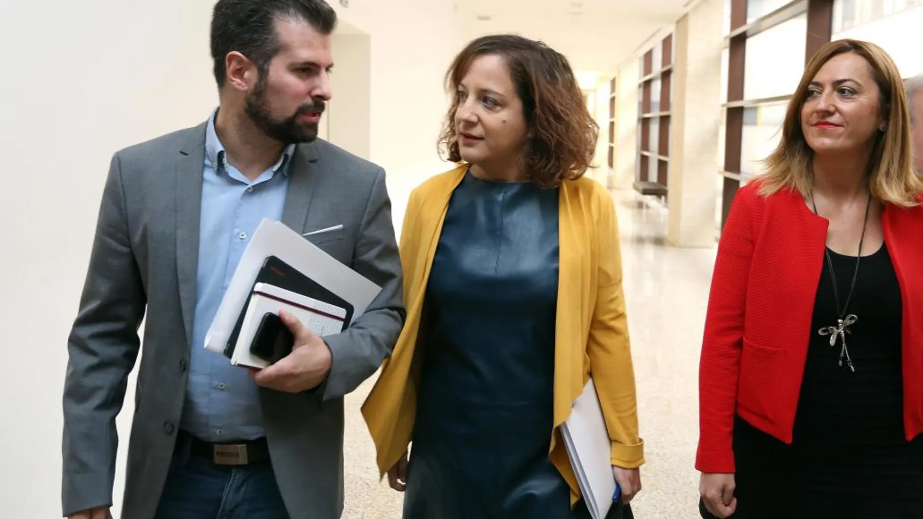 La eurodiputada Iratxe García, acompañada por Luis Tudanca y Virginia Barcones, momentos antes de comparecer en la Comisión de Empleo en las Cortes