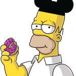 Homer Simpson, en un montaje con las características orejas de Mickey Mouse, en plena degustación de un donut