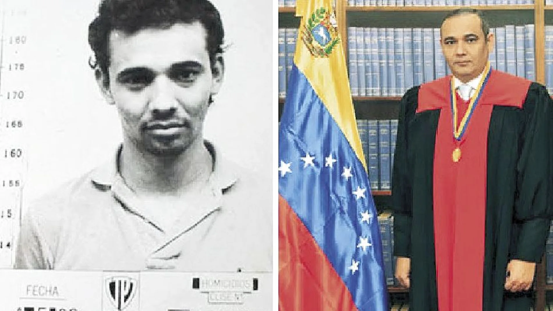 Maikel José Moreno, en la foto de la ficha policial de 1989, acusado de homicidio. Junto a estas líneas, ya como magistrado del Tribunal Supremo de Justicia de Venezuela