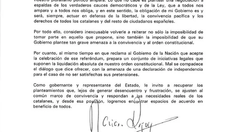 Texto íntegro de la carta de Mariano Rajoy a Carles Puigdemont