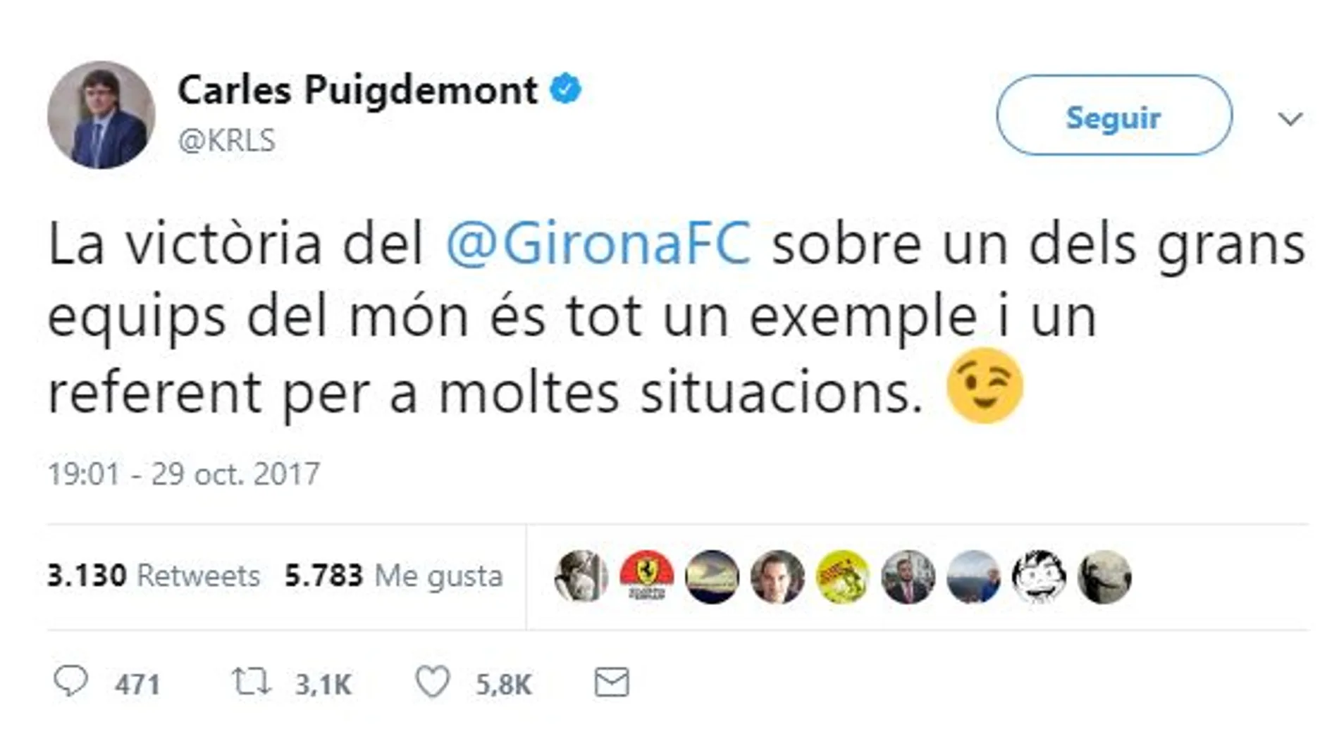 Puigdemont no se puede resisitir y «politiza» la victoria del Girona ante el Madrid