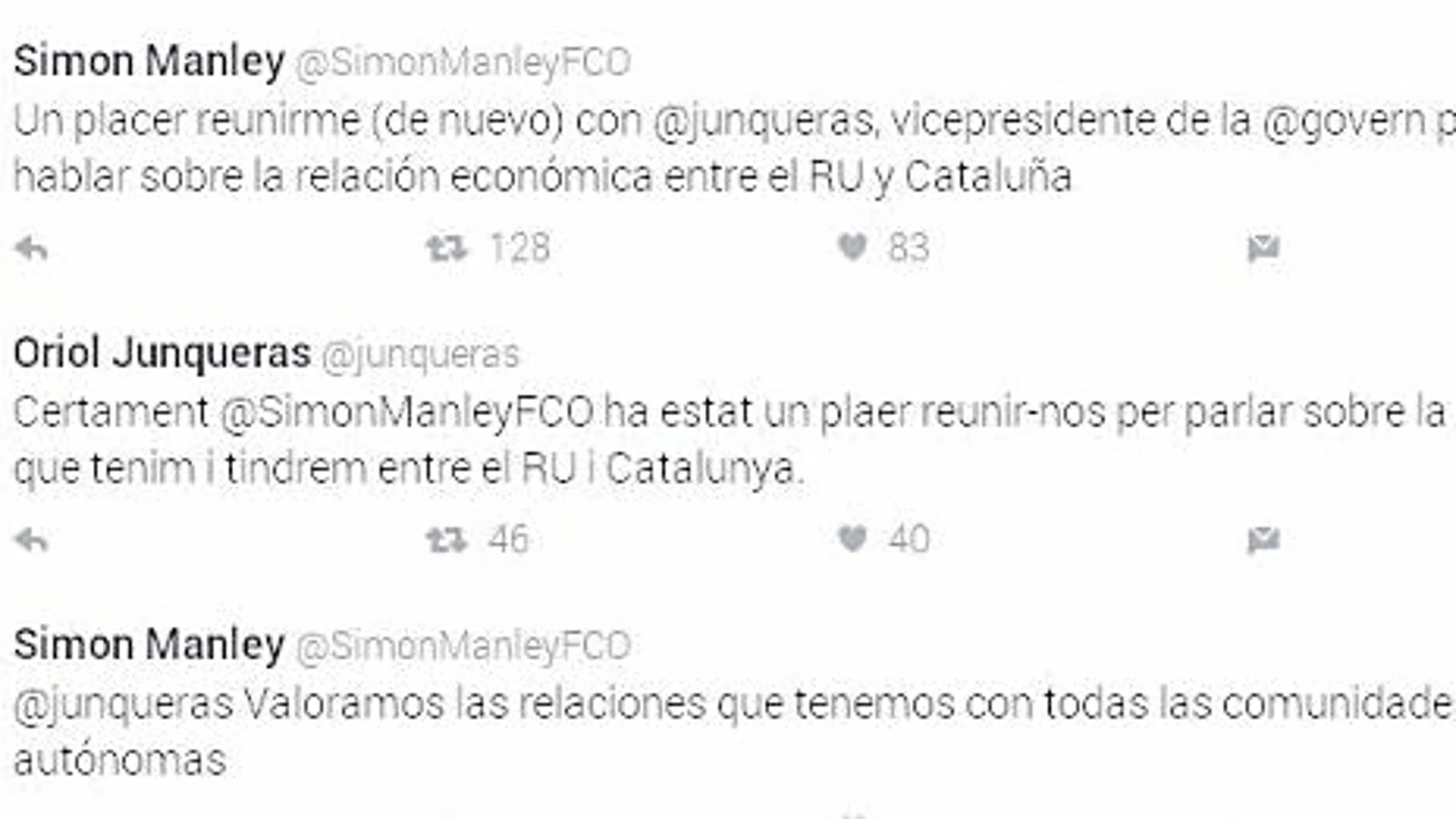 Los mensajes en Twitter entre el embajador británico, Simon Manley, y Oriol Junqueras