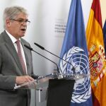 El ministro español de Asuntos Exteriores y de Cooperación, Alfonso Dastis, durante su intervención en la conferencia internacional sobre víctimas de violencia étnica y religiosa en Oriente Medio que se celebra hoy en Madrid