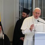 Francisco durante su discurso en el puerto de la Mitilene.