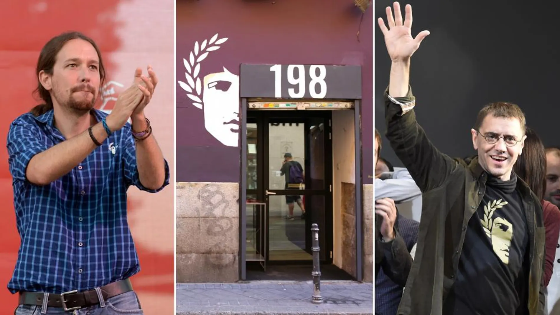 A lz izquierda, Pablo Iglesias con una camisa de 198; en el centro, la tienda de Madrid; a la derecha, Juan Carlos Monedero con una camiseta de la marca.