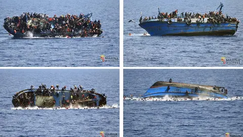 Imágenes del vuelco del barco tomadas desde el buque "Bettiga"de la Marina Italiana